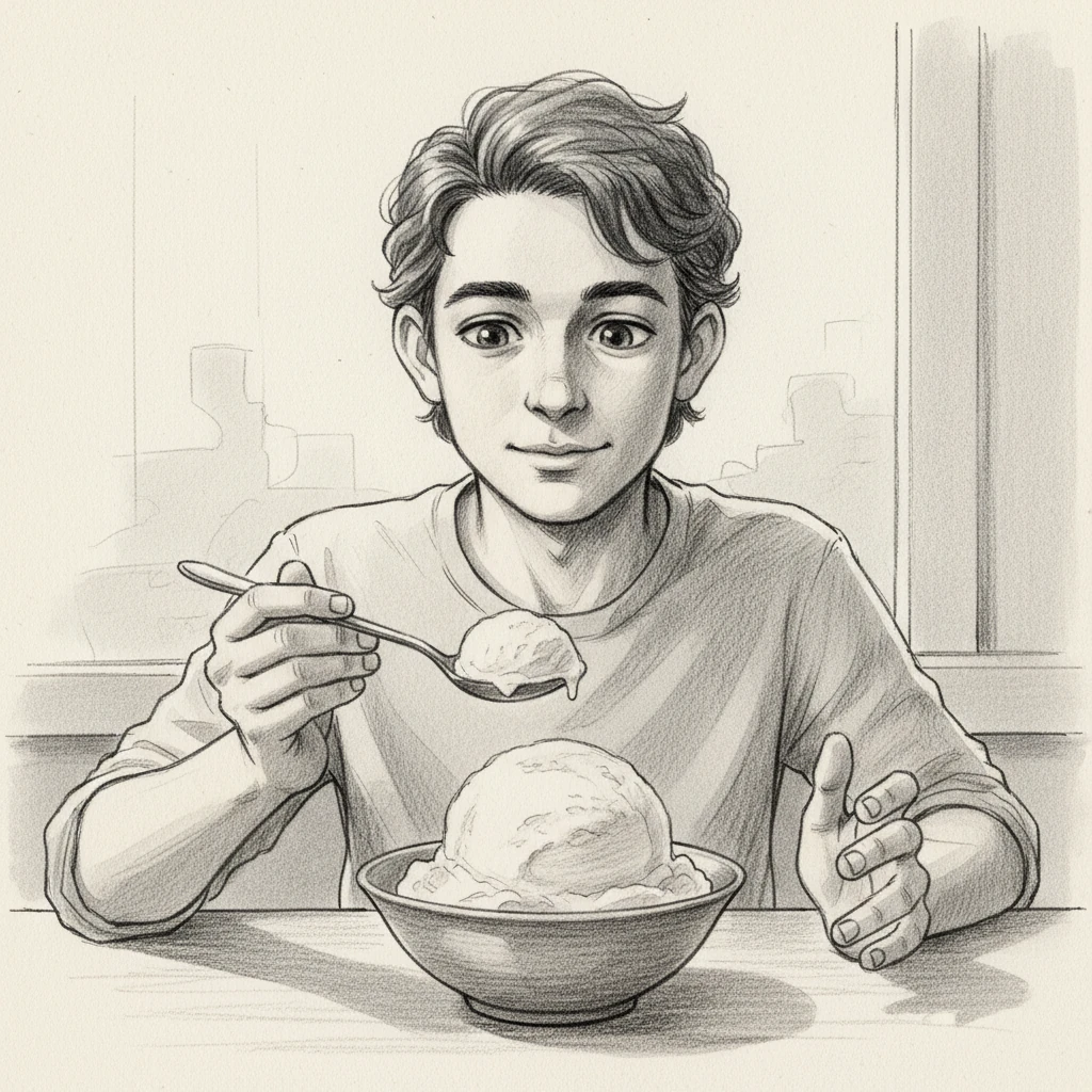 Back to the ice cream, Leo observed its pristine color as he scooped another bite. "My ice cream is white," he noted, swirling his spoon through the creamy swirl. It was simple, pure, and utterly delicious.