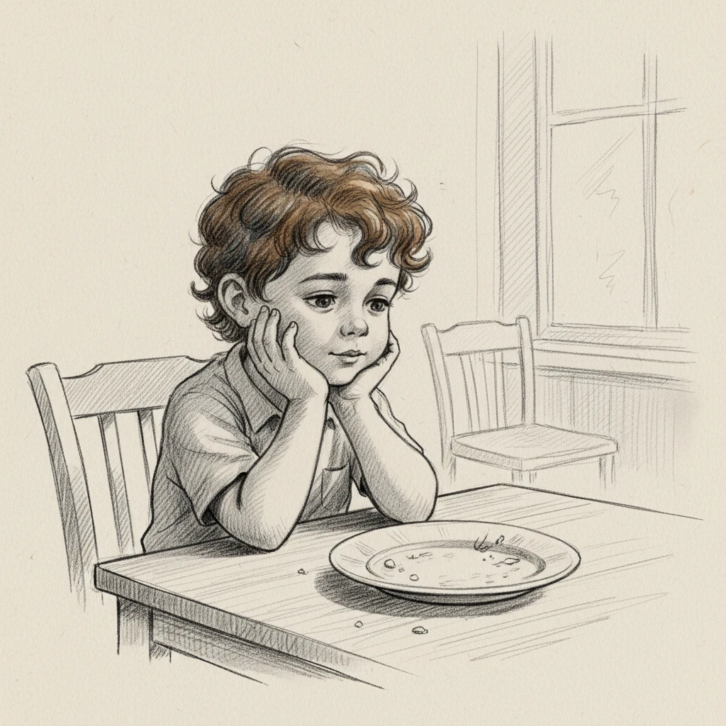 Meal finished, dessert gone, Leo felt content but also a little wistful. He looked at his empty plate, remembering the big burger he had enjoyed. "Can I have a burger?" he asked, perhaps already dreaming of the next meal.