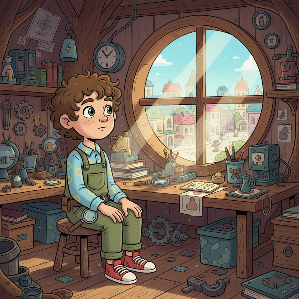 Pip, a small boy with big, curious eyes and messy hair, sits in his treehouse workshop, surrounded by gears, springs, and half-finished gadgets. He gazes out at his bustling town, a thoughtful look on his face. He's always observing, always thinking.