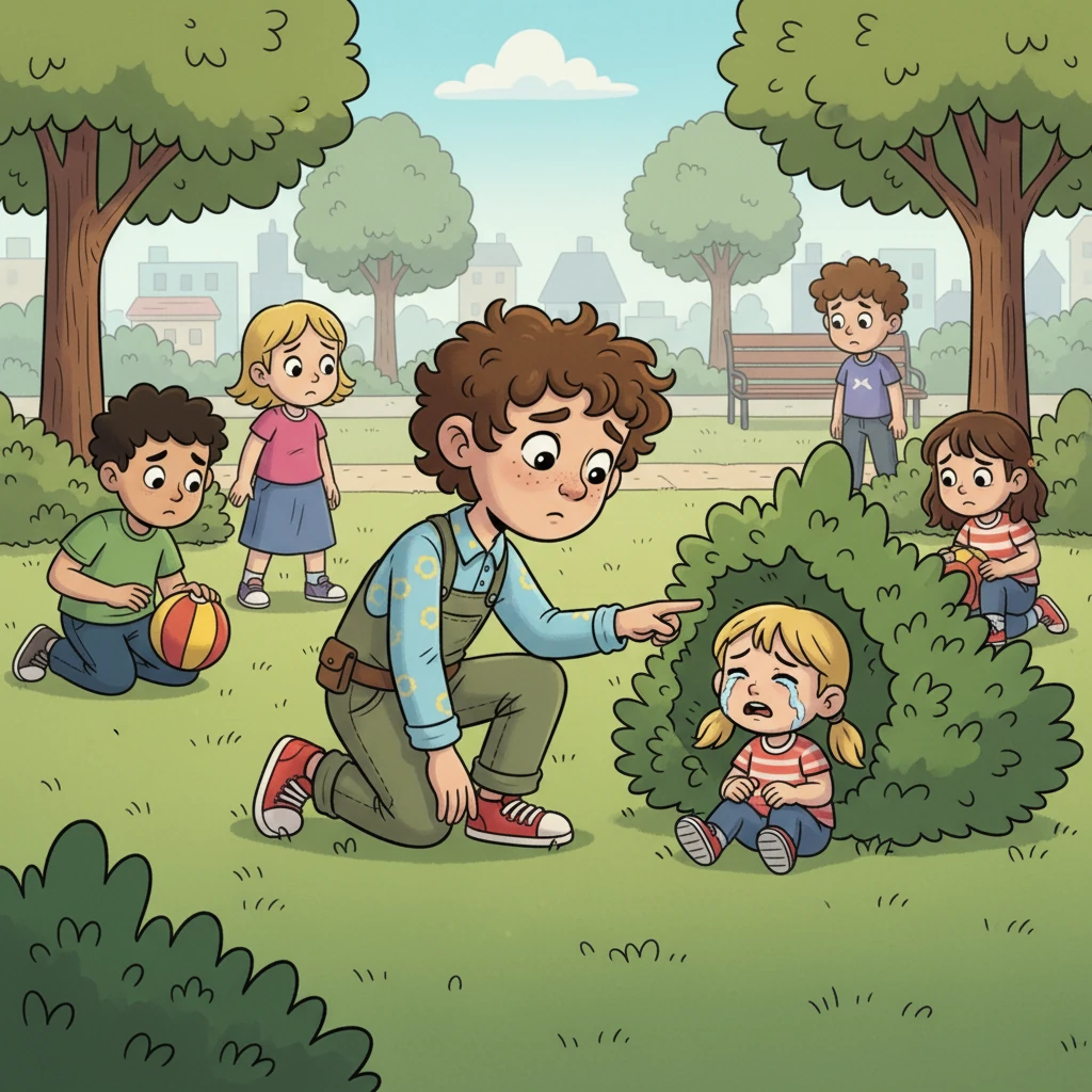 Pip notices sad children in the park, searching under benches and in bushes. A little girl cries over a missing teddy bear, while a boy frantically looks for his bouncy ball. The park is full of worried faces, a common sight these days.