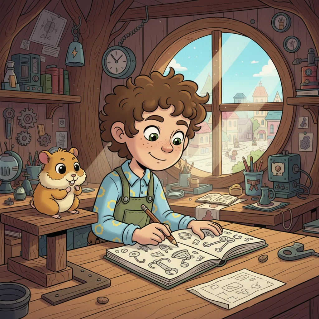 Back in his workshop, Pip sketches furiously in his notebook. He draws fantastical machines with nets, claws, and gentle arms. He's determined to solve the town's lost toy problem, a challenge he happily embraces. His pet hamster, Squeaky, watches from a tiny perch, nibbling on a seed.