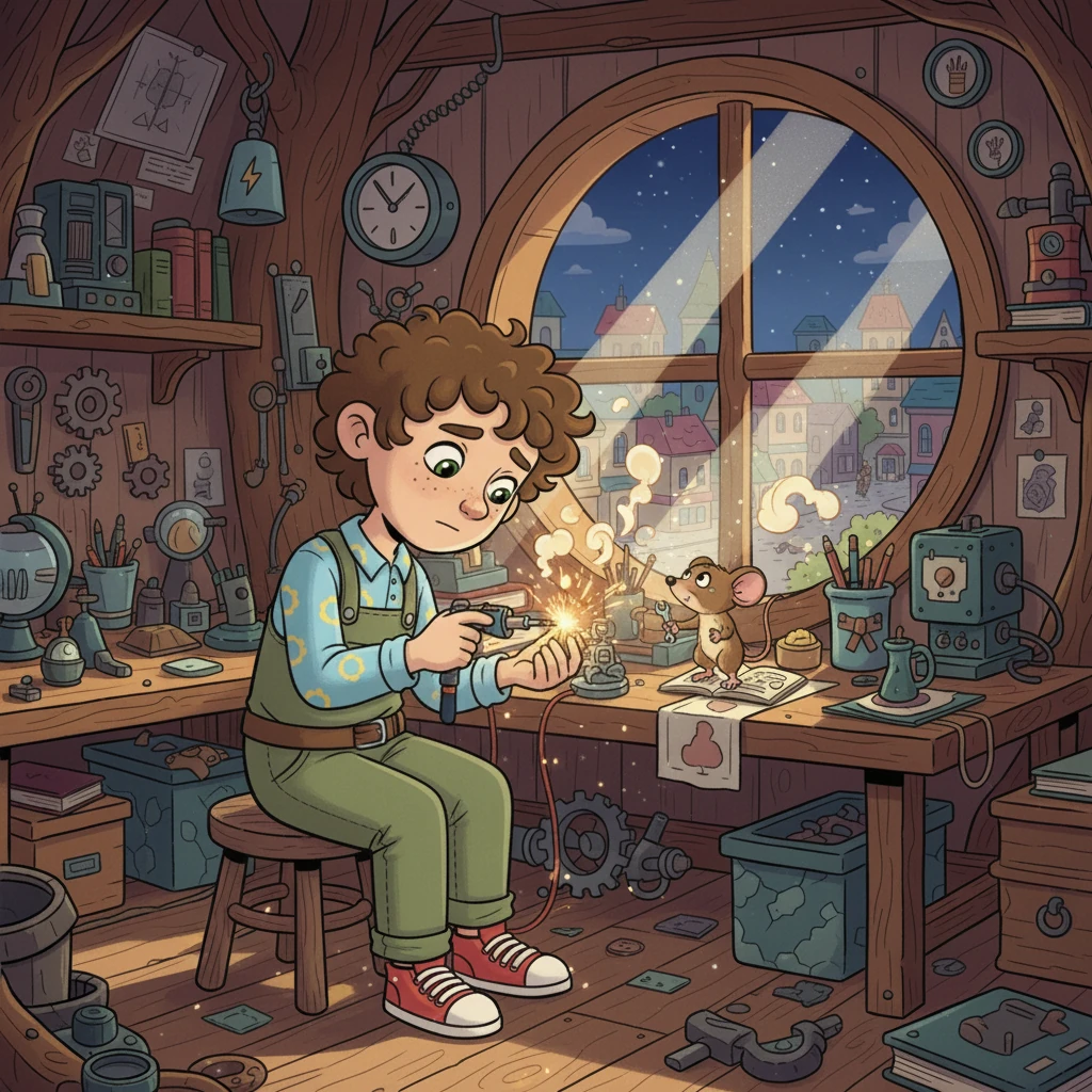 Days turn into nights as Pip works tirelessly on his invention. Sparks fly from his workbench, and strange clanking noises echo from the treehouse. Squeaky helps by handing him tiny tools with his paws, a loyal assistant in this grand project.