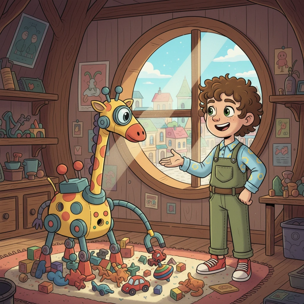 Finally, Pip unveils his creation: a colorful, whimsical contraption he calls the "Toy-Finder 5000." It has a long, bendy neck with a magnifying glass eye and a soft, magnetic retriever arm. It looks like a friendly robot giraffe, ready to help.