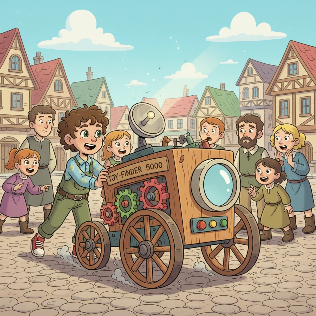 Pip proudly pushes the Toy-Finder 5000 into the town square, its wheels gently rumbling. Children and parents gather around, whispering and pointing with curiosity. Some look doubtful, but Pip beams with confidence, knowing his machine will work.