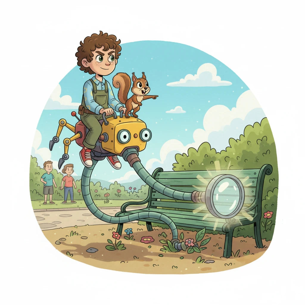 With a whir and a gentle beep, the Toy-Finder 5000 begins its search. Its magnifying eye scans the ground carefully, and its long neck stretches into tall bushes and under benches. Squeaky rides on its head, chattering excitedly and pointing directions with tiny paws.