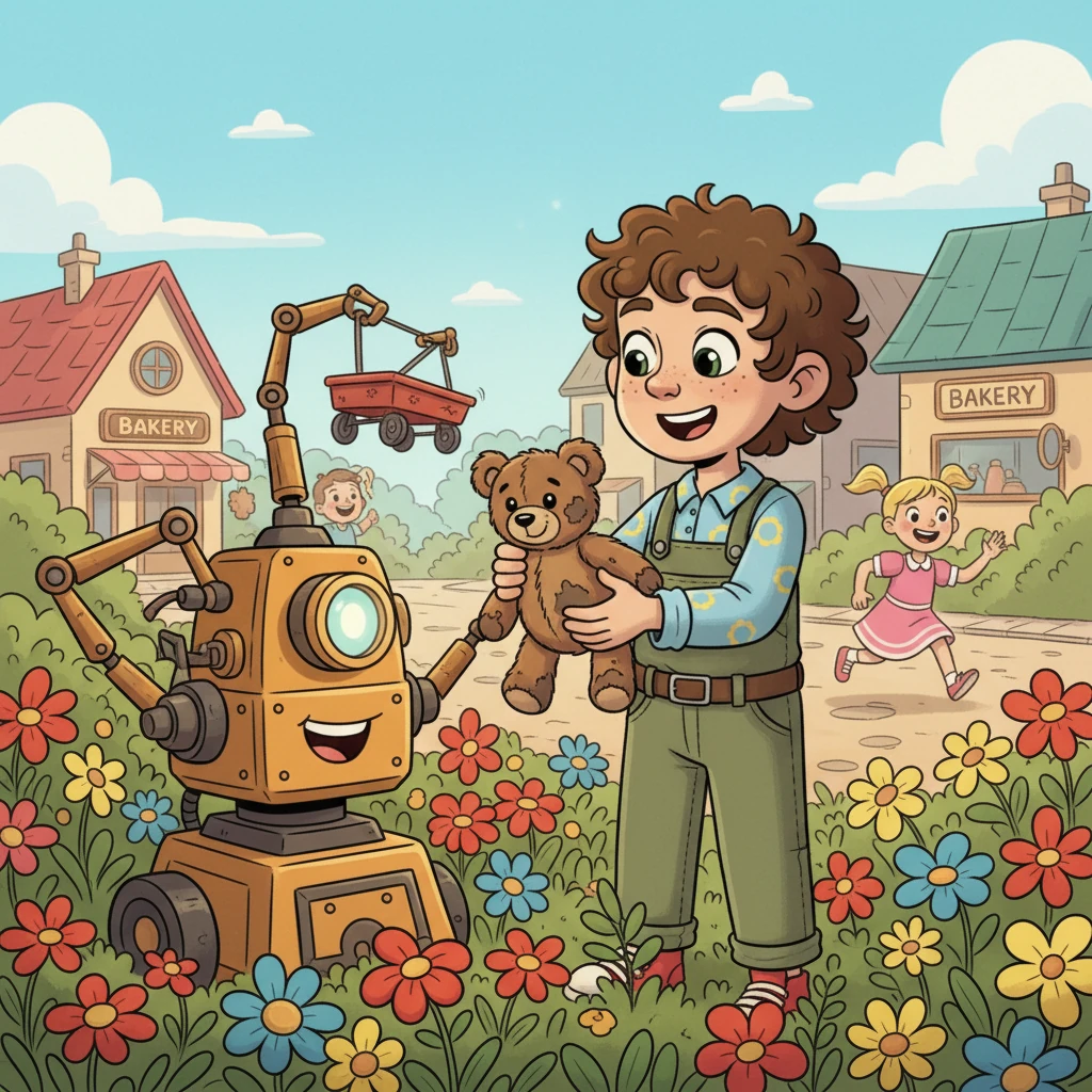 The machine gently picks up a muddy teddy bear from a flowerbed, then a forgotten red wagon from behind the bakery. Each time, a child gasps with joy and runs to reclaim their treasure, their faces lighting up with pure happiness. Smiles spread across the town.