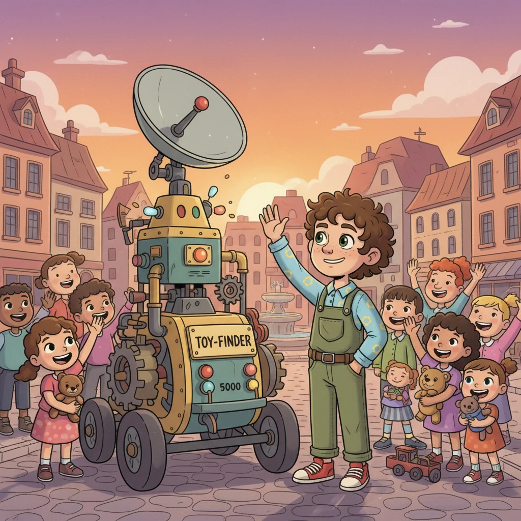 By sunset, the town square is filled with happy children clutching their recovered toys, their laughter echoing through the air. Pip stands beside his Toy-Finder 5000, looking a little tired but incredibly proud of his accomplishment. The townspeople cheer for their clever young inventor, grateful for his ingenious solution.
