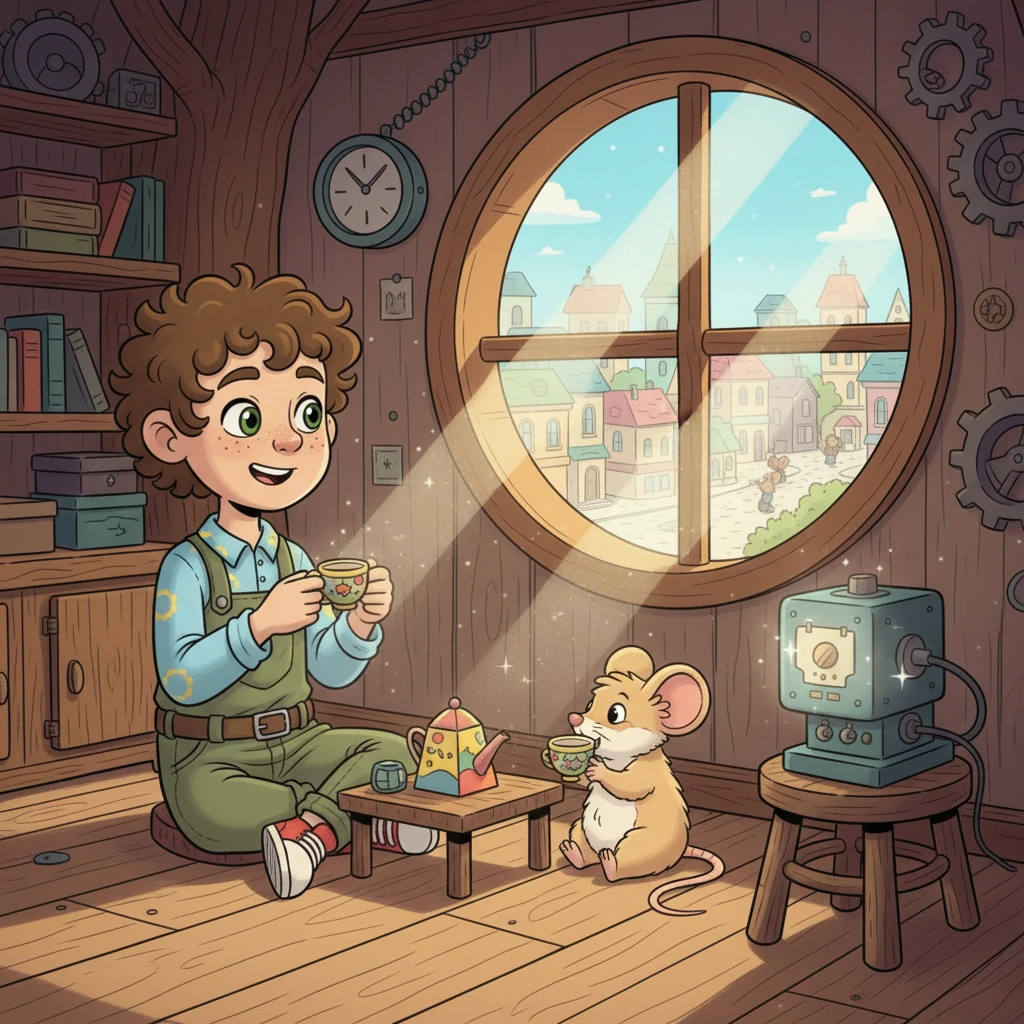 Pip and Squeaky are back in the treehouse, sipping imaginary tea from tiny cups. The Toy-Finder 5000 sits quietly in the corner, sparkling clean and ready for its next adventure. Pip smiles, knowing he made a difference, and dreams of new ideas to help his wonderful town.