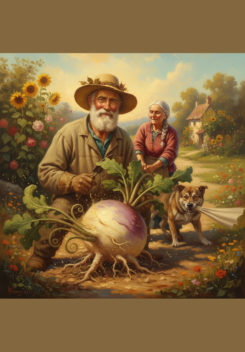 Time passes in a shimmer of golden light, and the turnip grows at an impossible speed. Soon, its lush green leaves tower over Kasim's head, and the golden top of the vegetable glows with a magical aura.