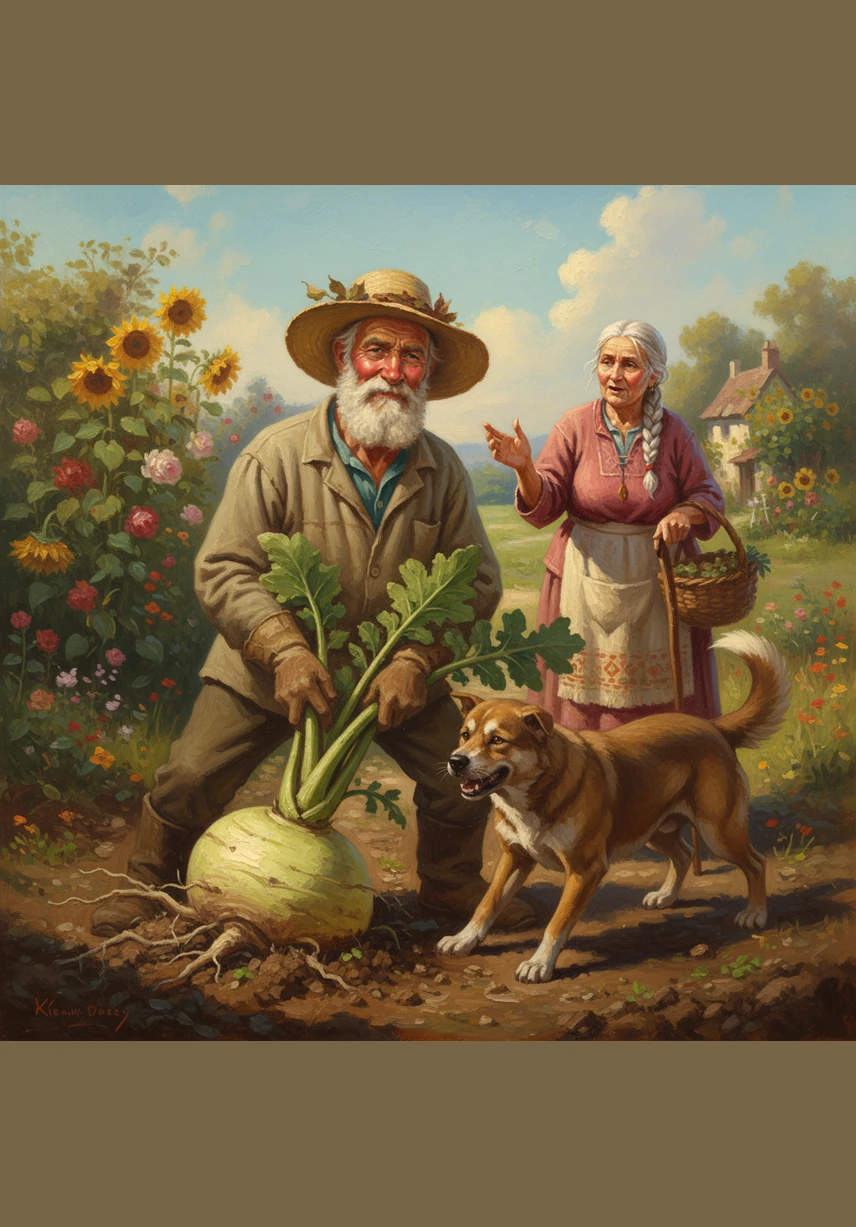 Kasim grips the thick stalks of the giant turnip and pulls with all his might, his face turning bright red. Despite his strongest tugs, the stubborn vegetable remains firmly rooted deep in the earth.