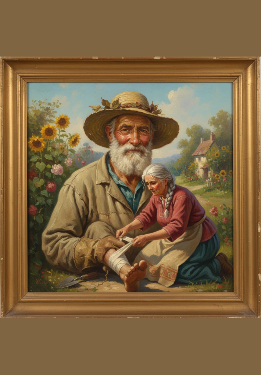 Kasim's wife, Gulnar, hurries into the garden and wraps her arms around his waist to help. The two of them lean back and pull together with a great heave, but the magical turnip does not budge even an inch.