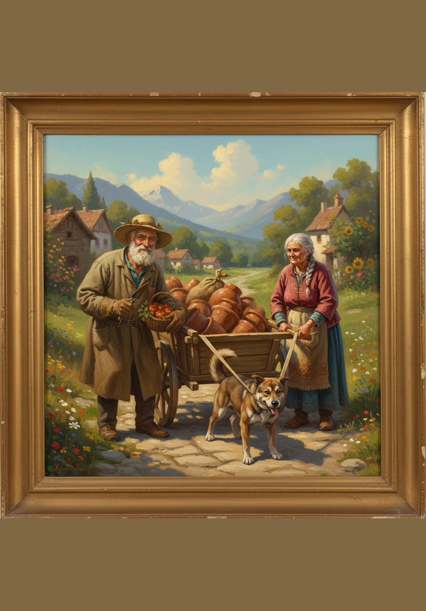 Their loyal dog, Bulat, runs over with a wagging tail and grips the edge of Gulnar’s apron with his teeth. The trio forms a straining line, pulling and panting against the weight of the giant golden vegetable.