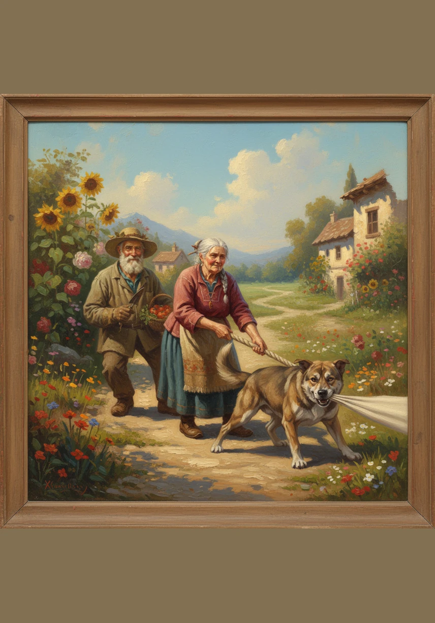 Masha the cat trots out from the shadows and places her soft paws on Bulat’s back, adding her strength to the chain. The garden is filled with the sounds of grunts, barks, and soft meows as they struggle together.