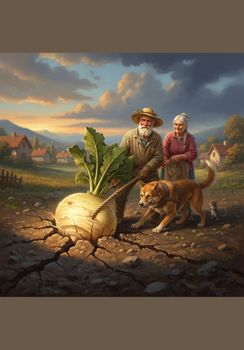 With the little mouse now in line, the whole group takes a deep breath and gives one final, enormous heave. The ground begins to tremble and crack around the base of the massive, glowing turnip.