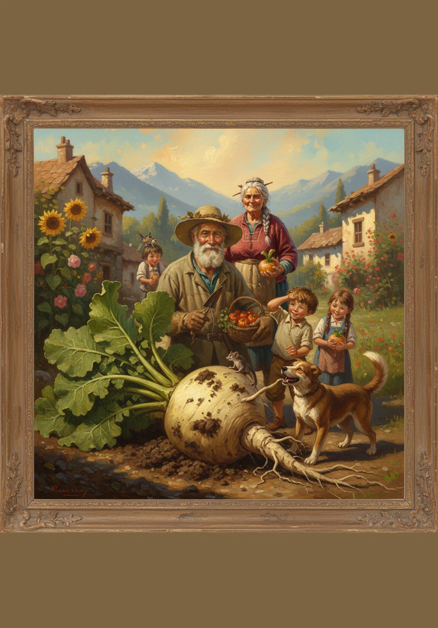 Suddenly, with a loud and triumphant POP, the giant turnip flies out of the ground and soars into the air. Everyone tumbles backward into a happy, tangled heap of laughter, paws, and wagging tails.
