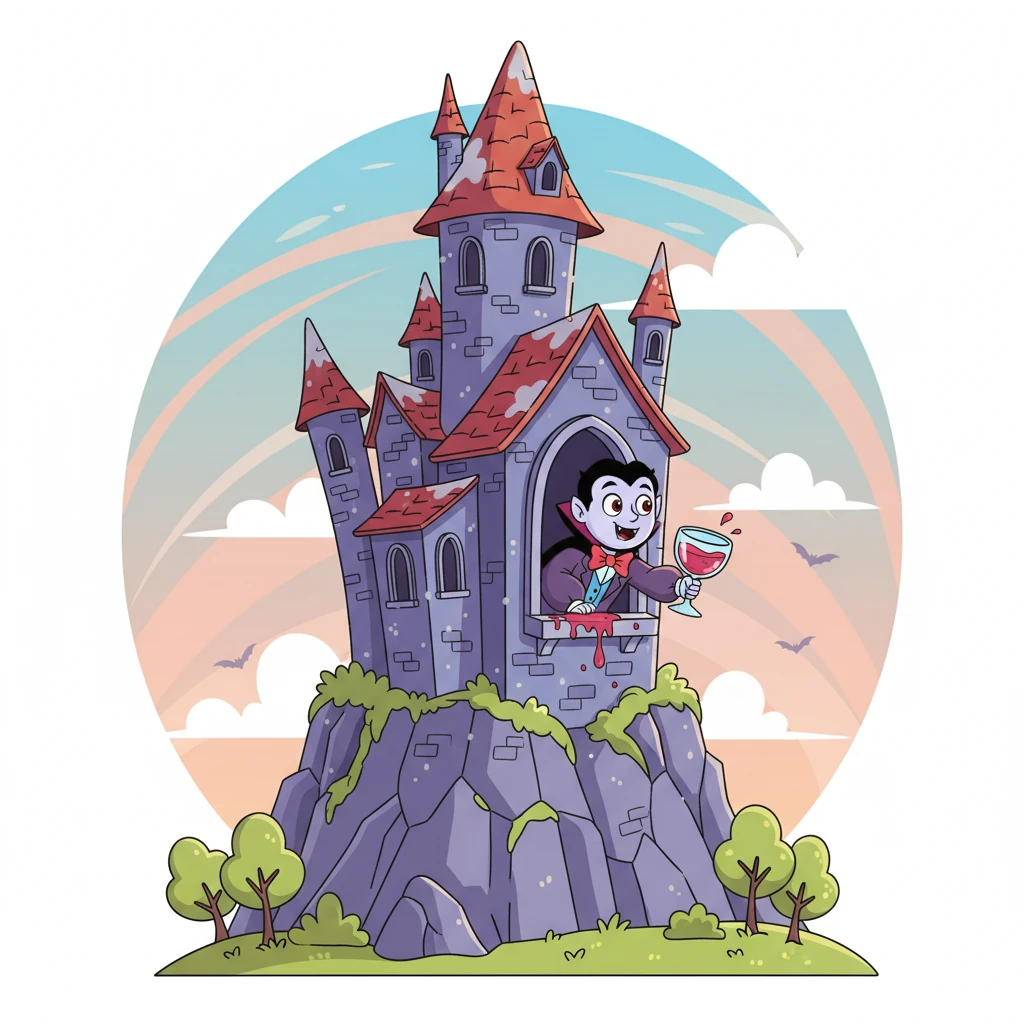 High atop a craggy hill stood a grand, but very dusty, castle. Inside lived Count Reginald, a "vampire" with a flair for the dramatic, who secretly preferred berry juice to anything else. He was quite lonely, and a bit clumsy.