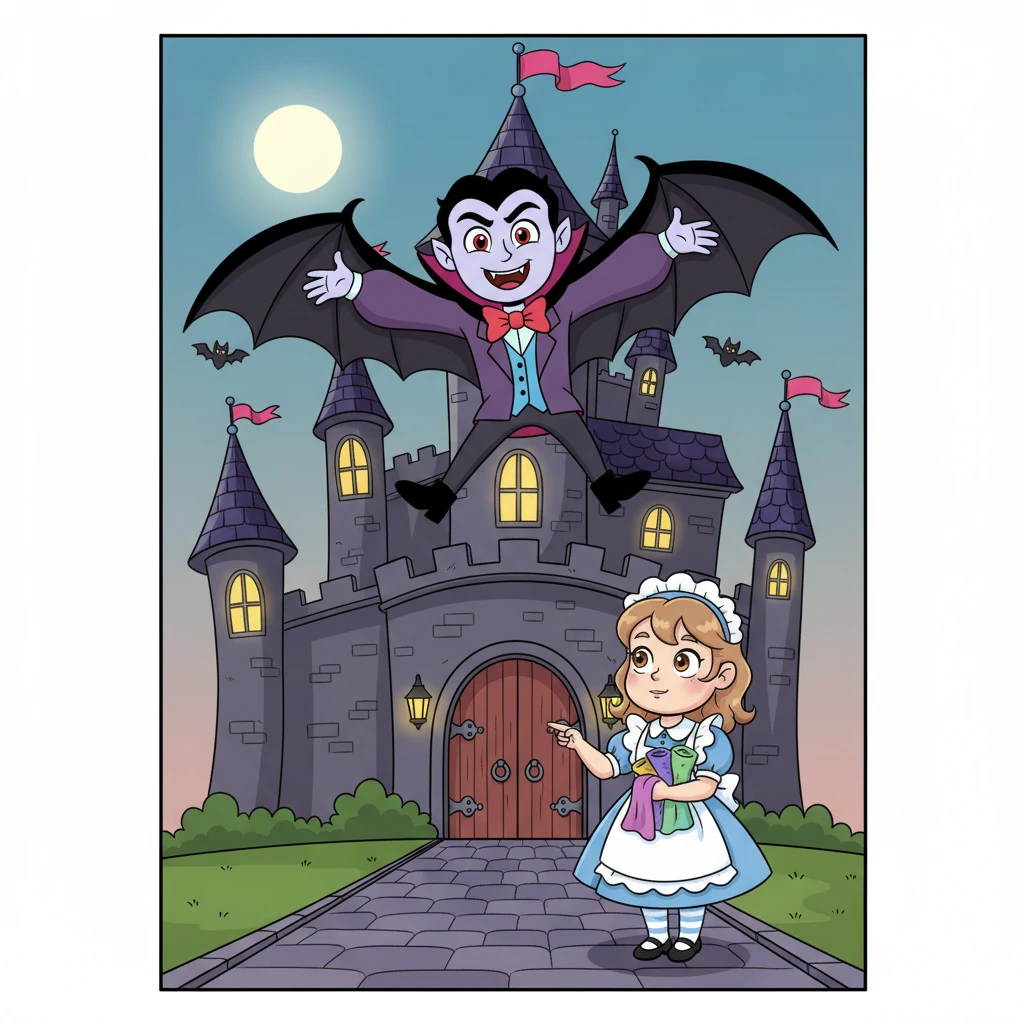 Count Reginald, trying his best to appear mysterious, swooped down from a turret, inviting Lily into his castle with an exaggerated gesture. Lily, ever practical, simply thought he was asking for help tidying up his very large home.
