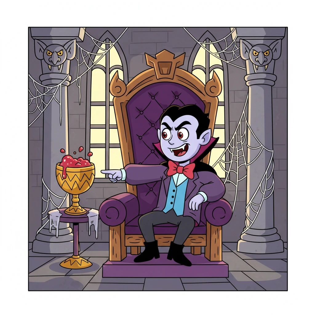 Inside the enormous, cobweb-draped throne room, Count Reginald sat on his grand velvet throne, attempting to look fearsome. He dramatically pointed to a large, ornate goblet filled to the brim with bright red berry juice, his idea of a grand "feast."