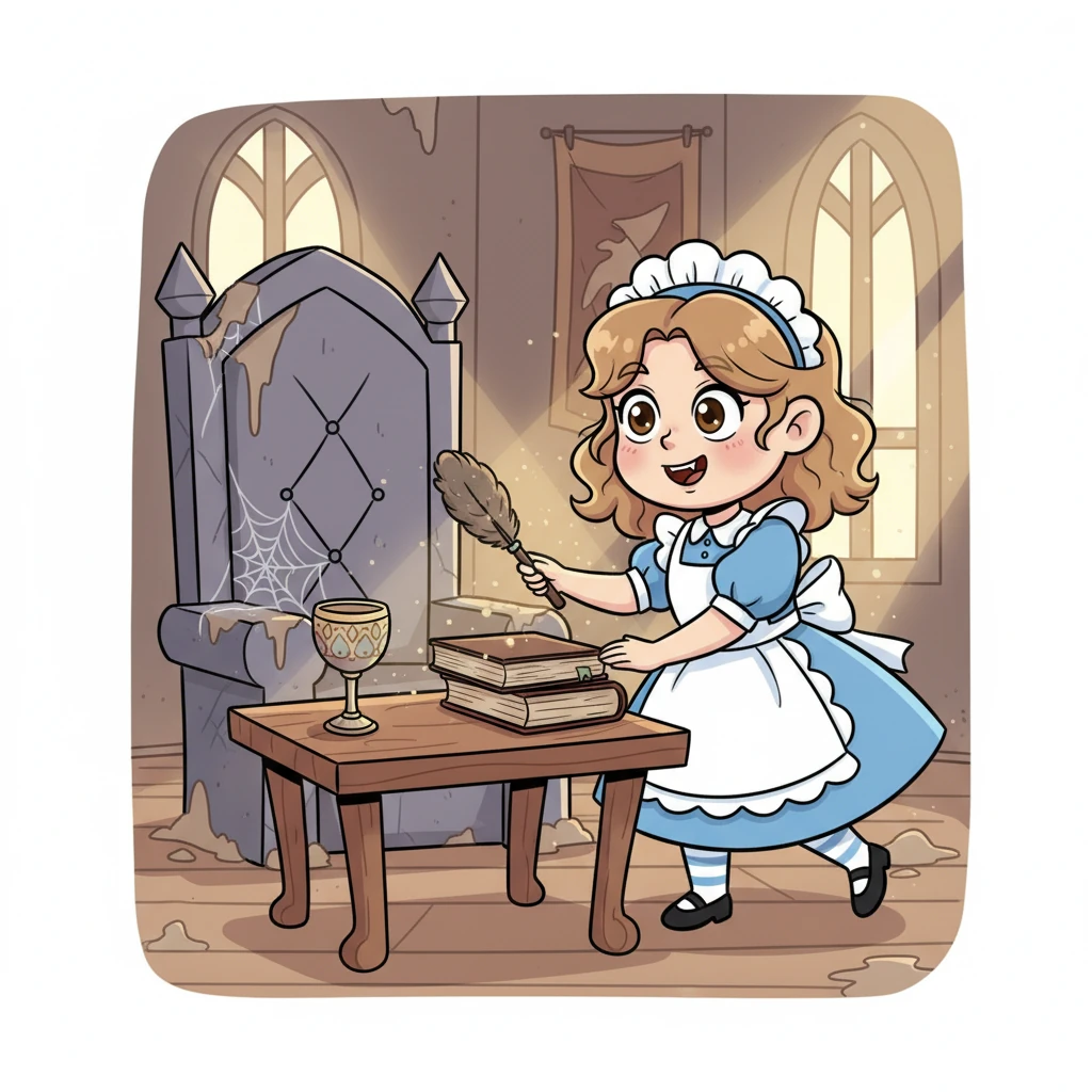 Lily, seeing the dusty room and the messy goblet, smiled kindly. She thought the Count just needed a bit of help with his manners and decided to tidy a small, wobbly table near the throne, humming a happy tune as she worked.