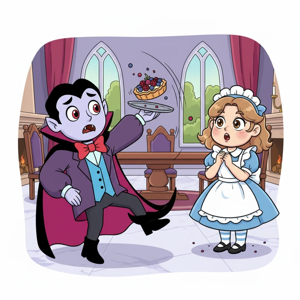 Determined to impress his guest, Count Reginald tried to offer Lily a delicate berry tart from a silver tray. But in his haste, he tripped slightly over his long cape, sending the tart soaring through the air.