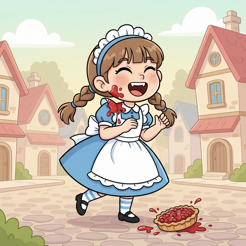 The berry tart landed with a soft splat right near Lily's neck, leaving a bright red, jammy mark. Lily, startled for a moment, then burst into a fit of giggles, realizing it was just a funny accident, not something scary at all.