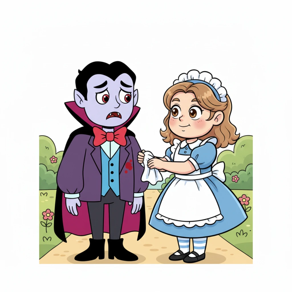 Seeing the Count's mortified expression, Lily quickly understood he was just trying to be friendly in his own clumsy way. She pulled out a clean handkerchief and gently wiped the berry stain, offering him a warm, reassuring smile.