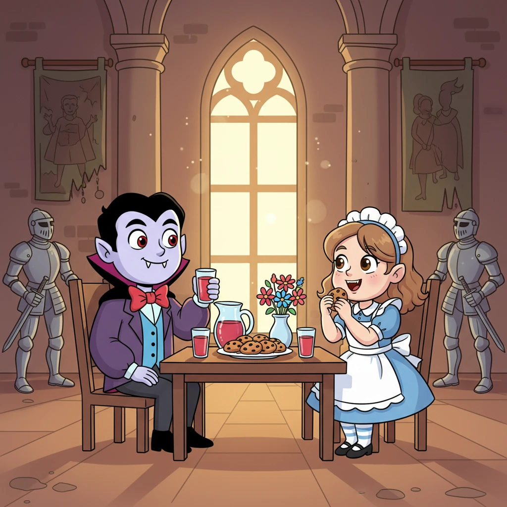 And so, in the grand, dusty castle, Lily and Count Reginald shared juice and cookies, becoming the unlikeliest of friends. The castle felt a little less lonely, and a lot more cheerful, thanks to a brave maid and a friendly, berry-juice-loving "vampire."