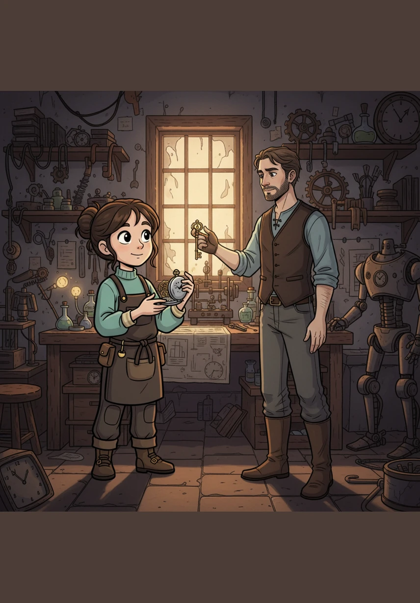 С каждым днём часы светились всё ярче, и связь между молодыми людьми крепла, наполняя мастерскую золотистым теплом. Но вместе со светом в воздухе росло напряжение, предвещая скорое раскрытие древней и болезненной тайны.