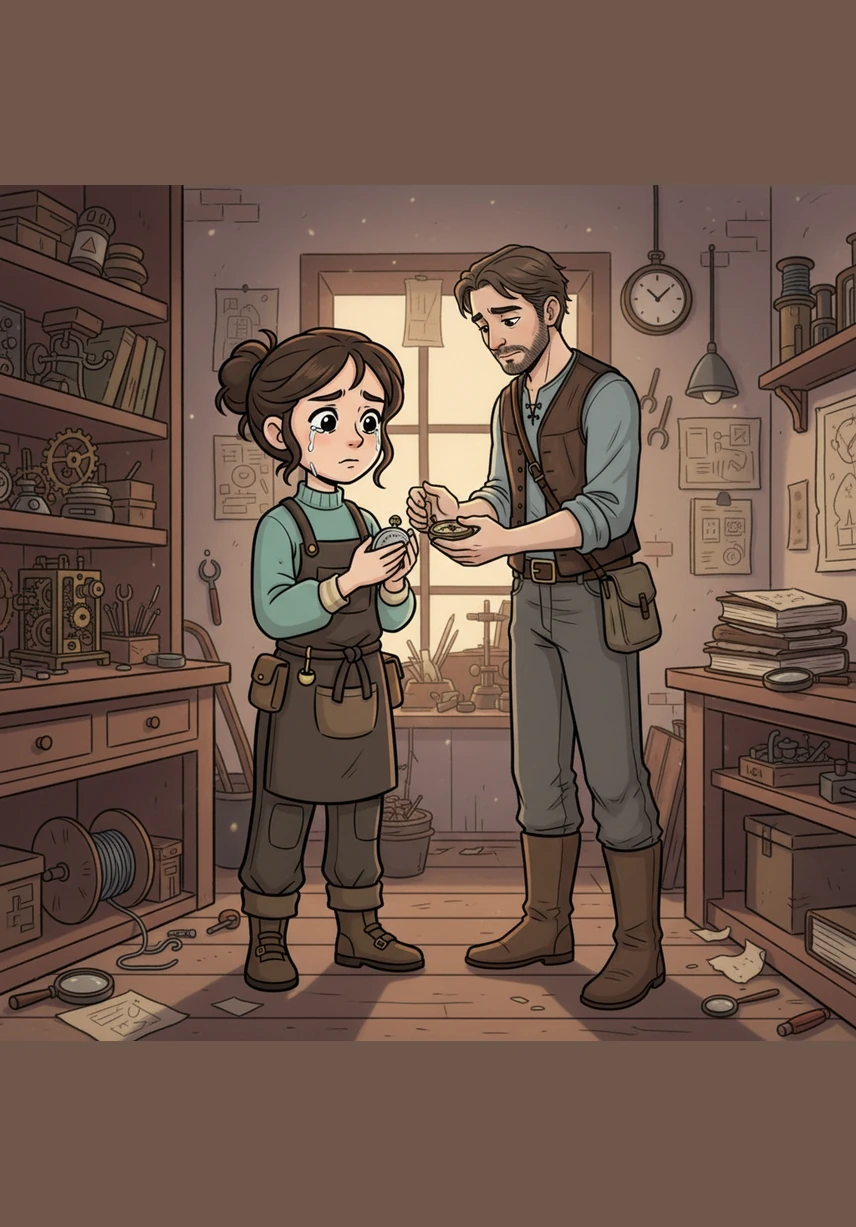 Перед Каенной встал мучительный выбор: если она восстановит часы, Рафаэло вспомнит всё, но по закону заклятия должен будет исчезнуть навсегда. Их взгляды встретились, и в тишине мастерской повис немой вопрос о цене памяти и будущего.