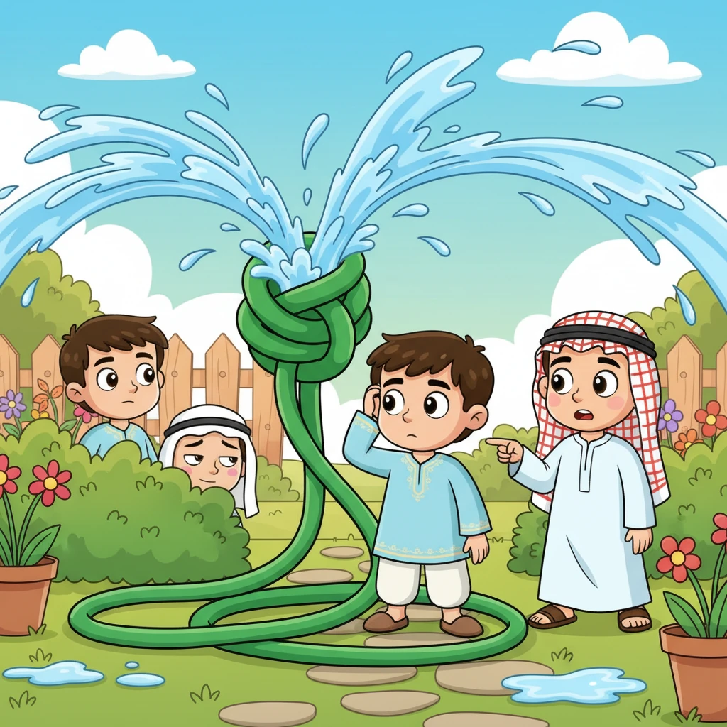 في صباح مشمس، تشابك خرطوم الحديقة بشكل غامض ليصبح عقدة عملاقة، يرش الماء في كل مكان ما عدا النباتات. كان الجميع في حيرة، لكن فارس لاحظ ذكي يراقب من خلف شجيرة، وعلى شفتيه ابتسامة خفيفة لا يمكن قراءتها.