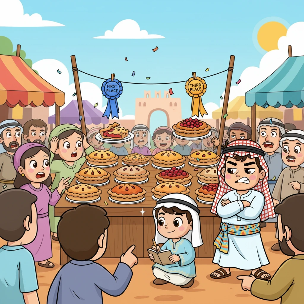 خلال معرض القرية، تبادلت الأشرطة الجائزة لمسابقة الفطائر أماكنها بشكل غامض، مما تسبب في فوضى مضحكة. عمت الفوضى، لكن ذكي، مختبئًا بين الحشود، كان يرسم المشهد بهدوء، مع لمعان خافت في عينيه. شعر فارس بوخزة إحباط، لأنه كان يعلم من وراء ذلك.