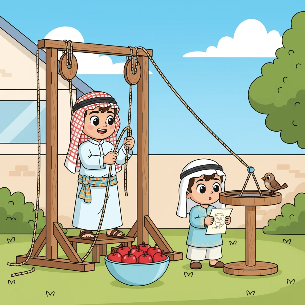 بعد ظهر أحد الأيام، كان ذكي يجهز نظامًا معقدًا من البكرات 'لإعادة توزيع' جميع التفاح من وعاء الفاكهة إلى حوض الطيور. فارس، متوقعًا ذلك، كان قد وضع بالفعل ملاحظة داخل حوض الطيور، يطلب من ذكي بناء مغذي طيور جديد بدلاً من ذلك، مع رسم لتصميم رائع.