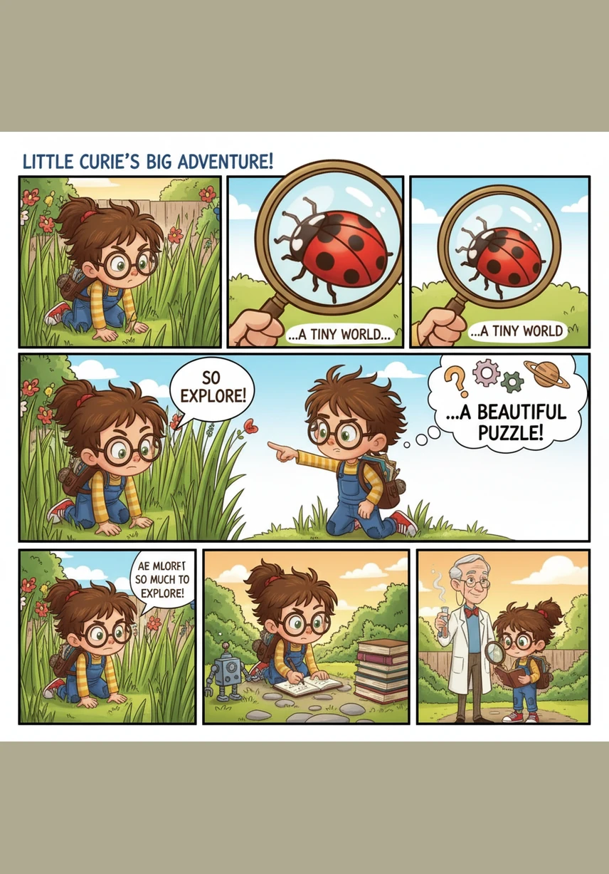 Little Curie crawls through the tall green grass of a backyard, magnifying glass in hand, examining the intricate patterns on a ladybug's wings. Everything in the world feels like a beautiful puzzle waiting to be solved by her observant eyes.