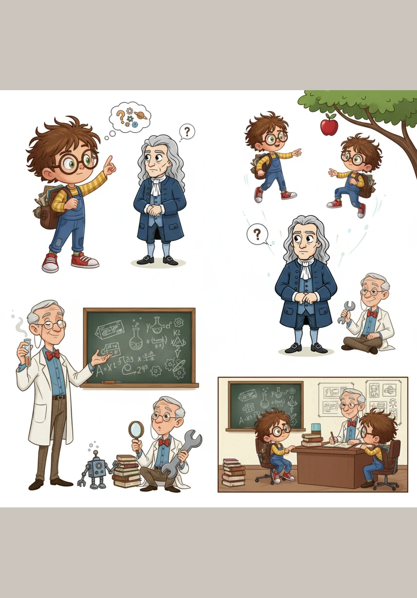 Under a vast, shimmering night sky, Curie points toward the glowing moon and asks her father why it changes shape every night. Her eyes sparkle with a natural desire to understand the mysteries of the universe and how the world works.