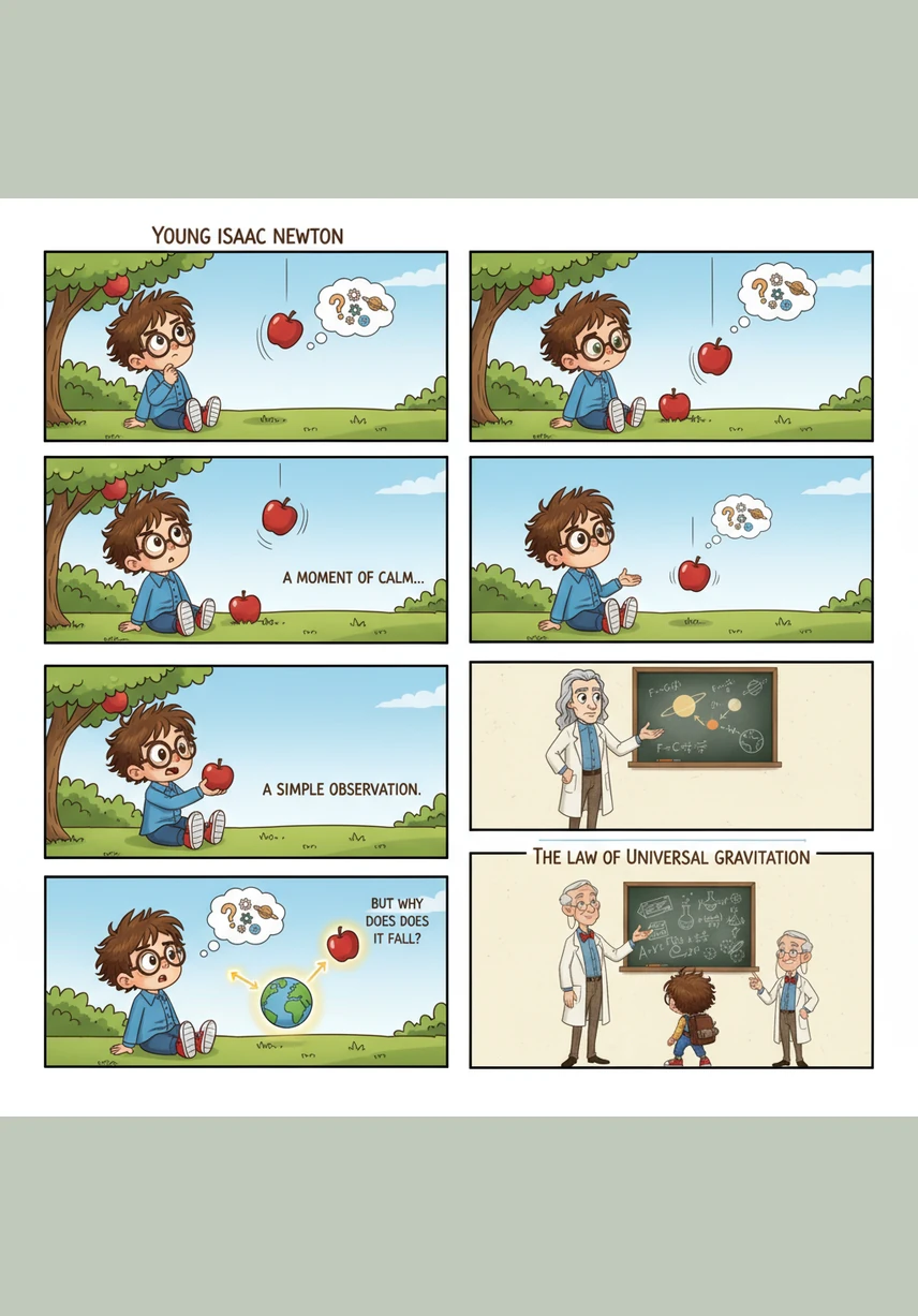 Suddenly, a bright red apple drops from a high branch and hits the ground with a soft thud, prompting Newton to ask exactly why it fell straight down. This simple question sparks a scientific breakthrough that changes the course of human history forever.