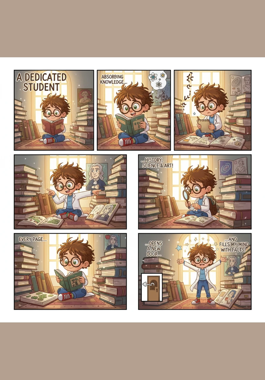 Now a dedicated student, Curie sits in a sunny library surrounded by tall stacks of books, eagerly absorbing knowledge about history, science, and art. Every page she turns opens a new door to a different perspective and fills her mind with valuable facts.