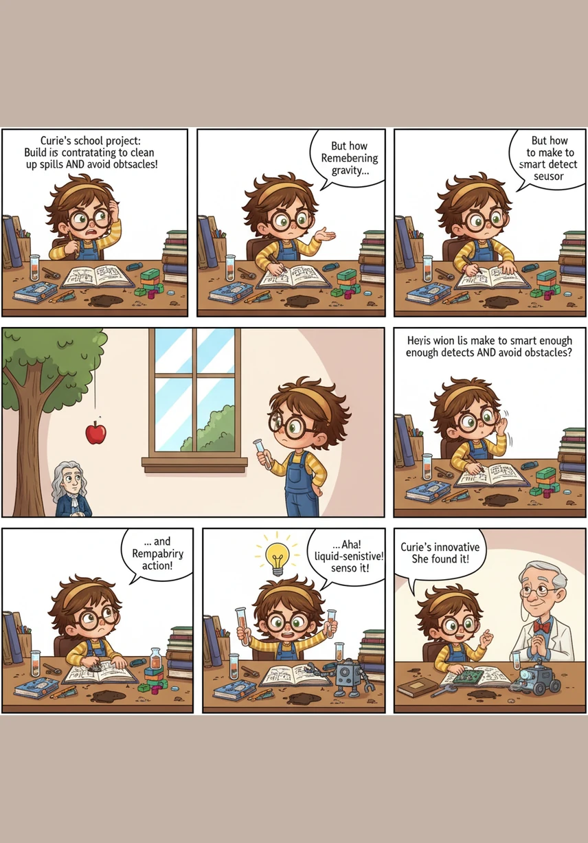 While working on a complex school project, a glowing lightbulb appears above Curie's head as she connects two separate ideas to solve a difficult problem. Her curiosity helps her think critically and experiment with bold, innovative solutions that others might miss.