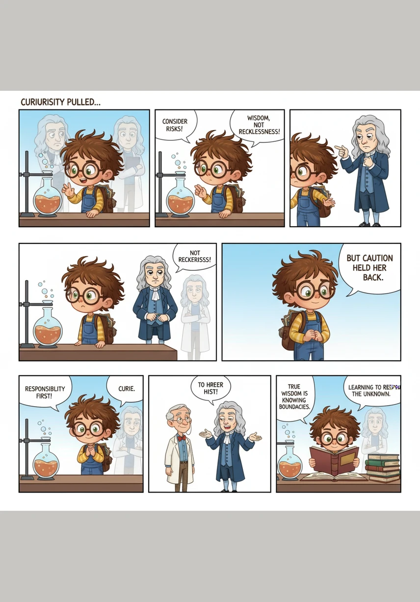 Pausing to reflect on the risks, Curie decides to use her good judgment and step back from the risky situation, choosing responsibility over reckless impulse. She understands that true wisdom involves knowing when to explore and when to respect personal boundaries.