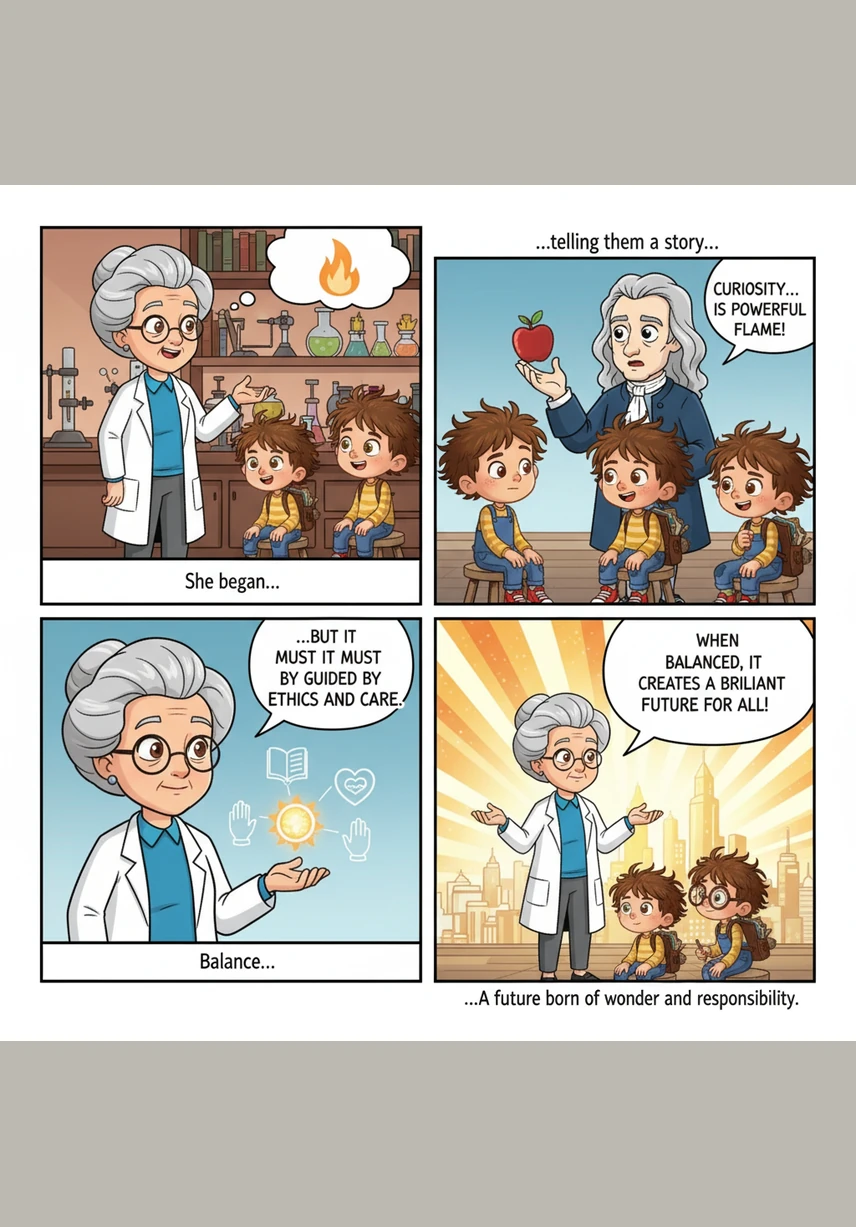 As a wise and respected mentor, Curie explains to a group of young explorers that curiosity is a powerful flame that must be guided by ethics and care. She tells them that when wonder is balanced with responsibility, it creates a brilliant and better future for all of humanity.
