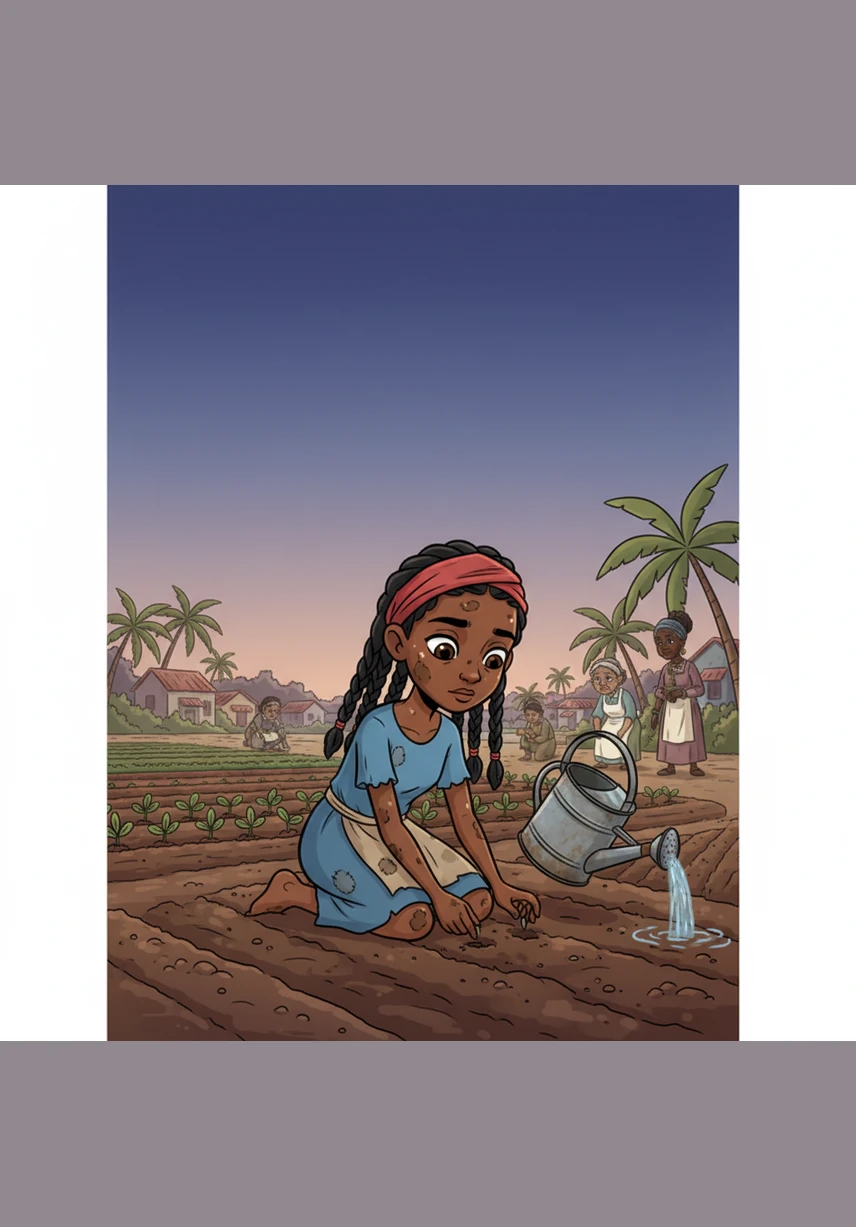 Long before the sun paints the sky, young Rose walks barefoot to the community farm to toil in the cool earth. She plants seeds and waters crops with small, tired hands, sacrificing her childhood to ensure her sick mother is cared for.