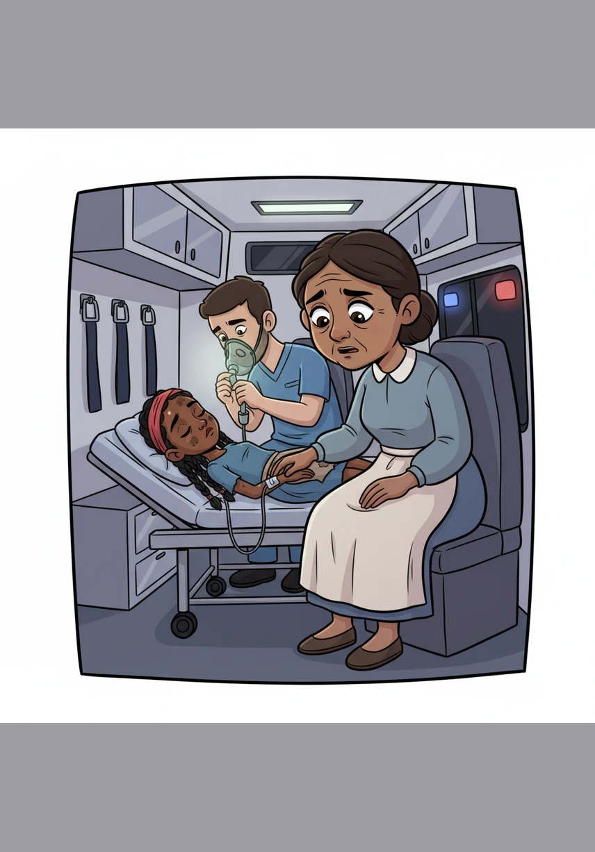 In the dim light of the ambulance, Rose's mother weakly reaches out to grasp Véronique’s hand for a final, sacred request. With her last breath, she asks the kind stranger to protect and raise her precious daughter as her own.