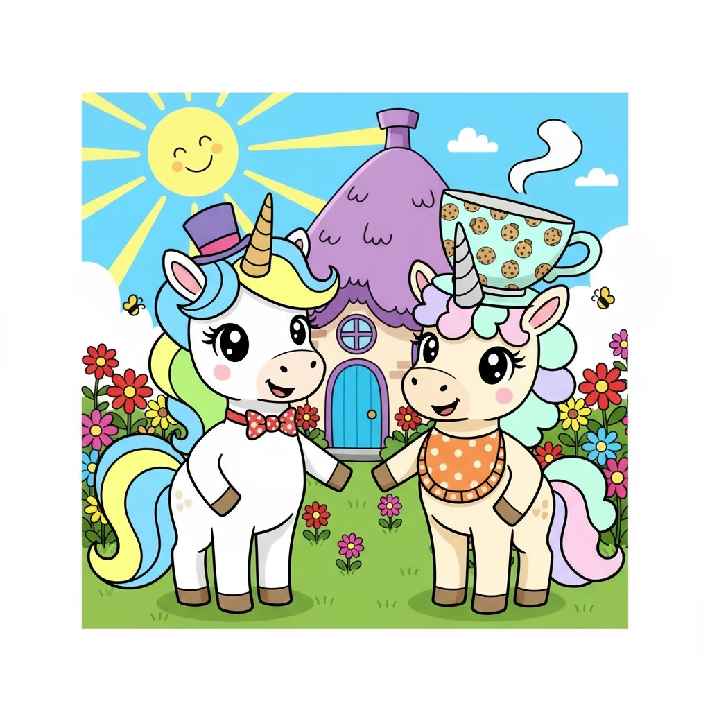 Barnaby and Bartholomew, two unicorn brothers with shimmering coats and playful eyes, lived in a cozy cottage nestled in a field of wildflowers. The sun always seemed to shine on their little home, making the flowers bloom in vibrant colors. They loved to spend their days playing and laughing together.