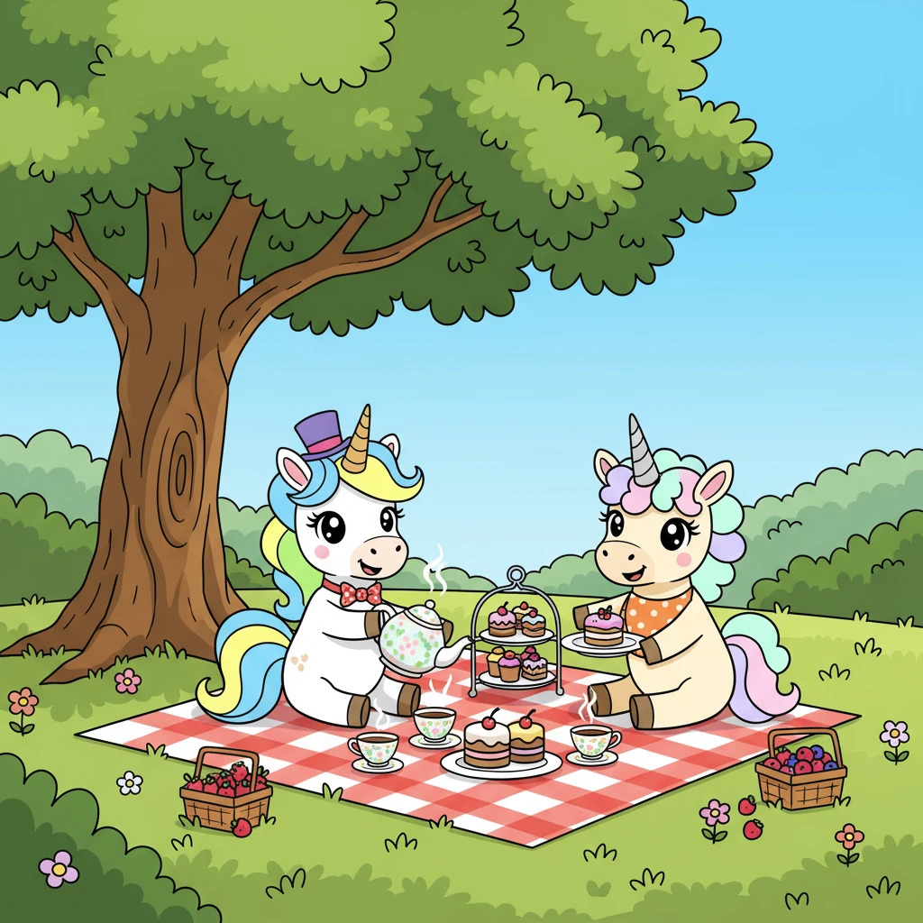They set up their tea party under a large oak tree, its leaves providing a cool, shady spot. Barnaby carefully poured the tea, while Bartholomew arranged the cakes. The air filled with the sweet scent of berries and the gentle clinking of teacups.