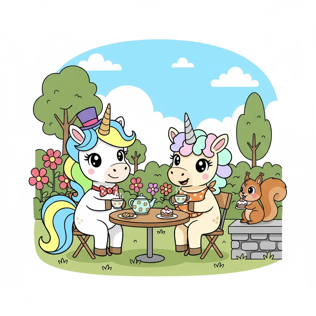 Suddenly, a little squirrel, looking lost, scampered into their tea party. Barnaby and Bartholomew, always kind, invited him to join them. The squirrel, delighted, accepted and nibbled on a tiny cake.