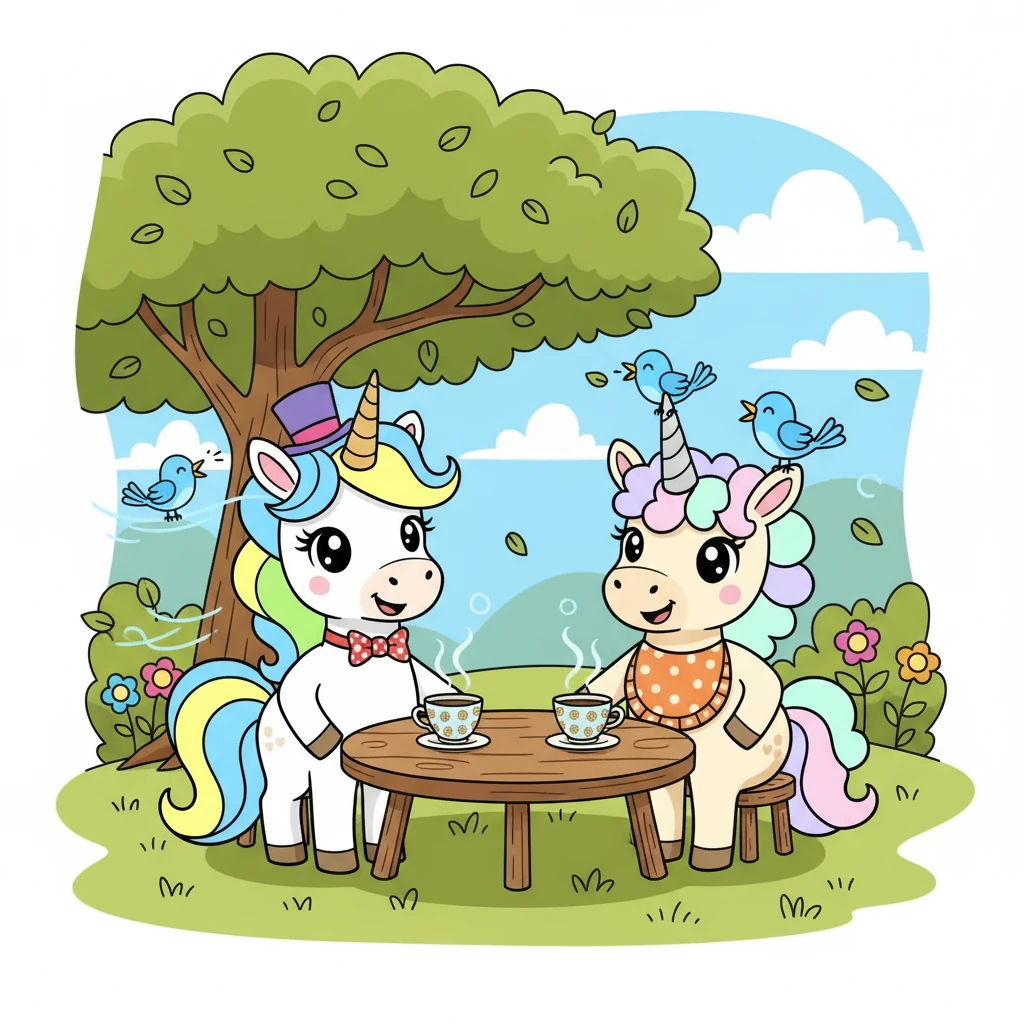 As they sipped tea and shared stories, a playful breeze rustled the leaves, and a family of bluebirds landed nearby, chirping happily. The unicorns smiled, happy to share their tea party with their new friends. They were pleased to have their company.