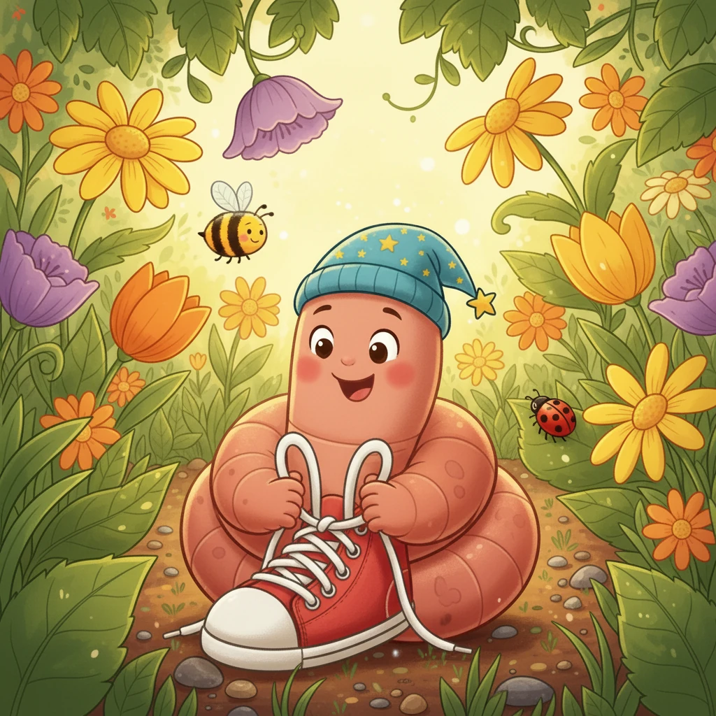 Inspirado pela amiga, João tentou desatar o cadarço do tênis. Ele praticou, lembrando das "orelhinhas" e da "casinha", até que, com um sorriso, conseguiu fazer o primeiro nó sozinho!