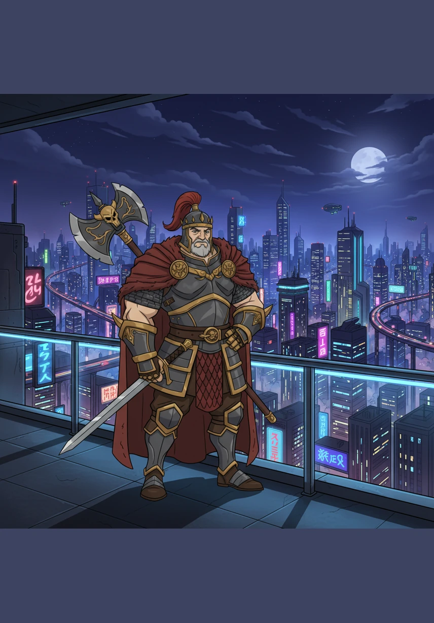 Cesar stands on a high balcony overlooking a sprawling, neon-lit city. He is dressed in a sharp, dark suit, exuding an aura of absolute authority as the wind brushes his hair. The city below is his kingdom, and every light represents a life under his influence.