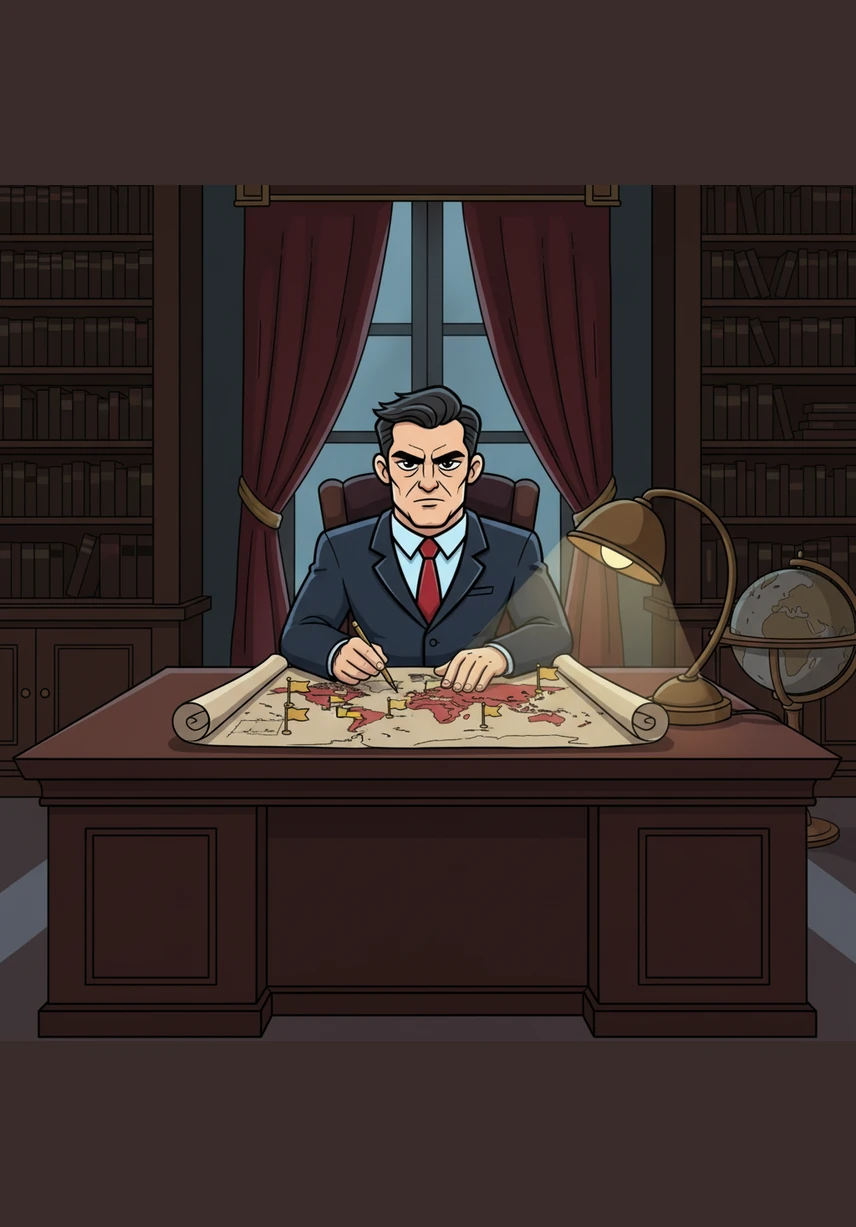 Inside a grand, dimly lit office, Cesar sits behind a massive mahogany desk. He reviews a map of the world, marking his territory with cold, calculated precision. His eyes are sharp, seeing opportunities where others see only obstacles.
