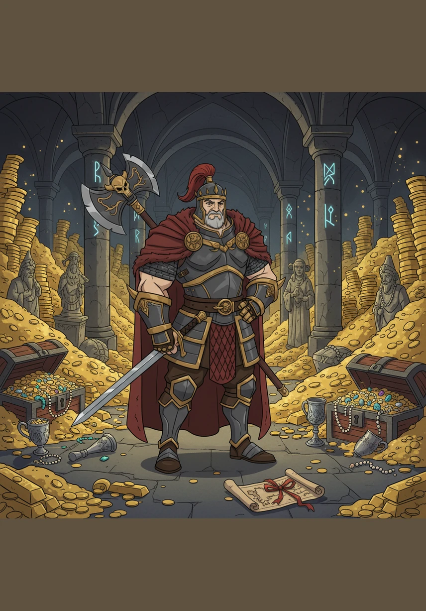 In a secret underground vault, Cesar stands before stacks of gold and ancient artifacts. This is the heart of his empire, a testament to his unmatched power and reach across the globe. He touches a golden coin, reflecting on the long journey to the top.