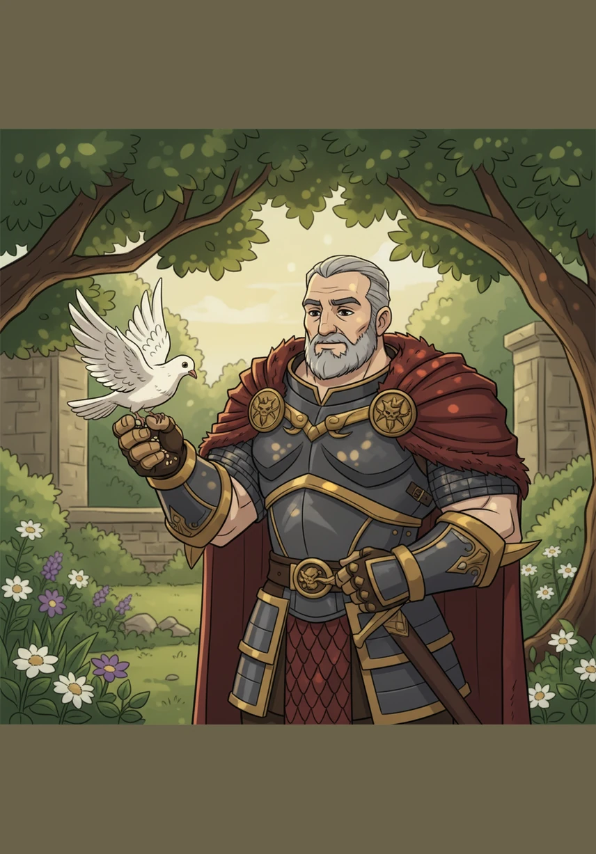 A rare moment of quiet shows Cesar in a private garden, feeding a single white dove. Even the most powerful man in the world appreciates a moment of peace and purity amidst the chaos of his life. The soft sunlight filters through the leaves, casting a gentle glow on his face.
